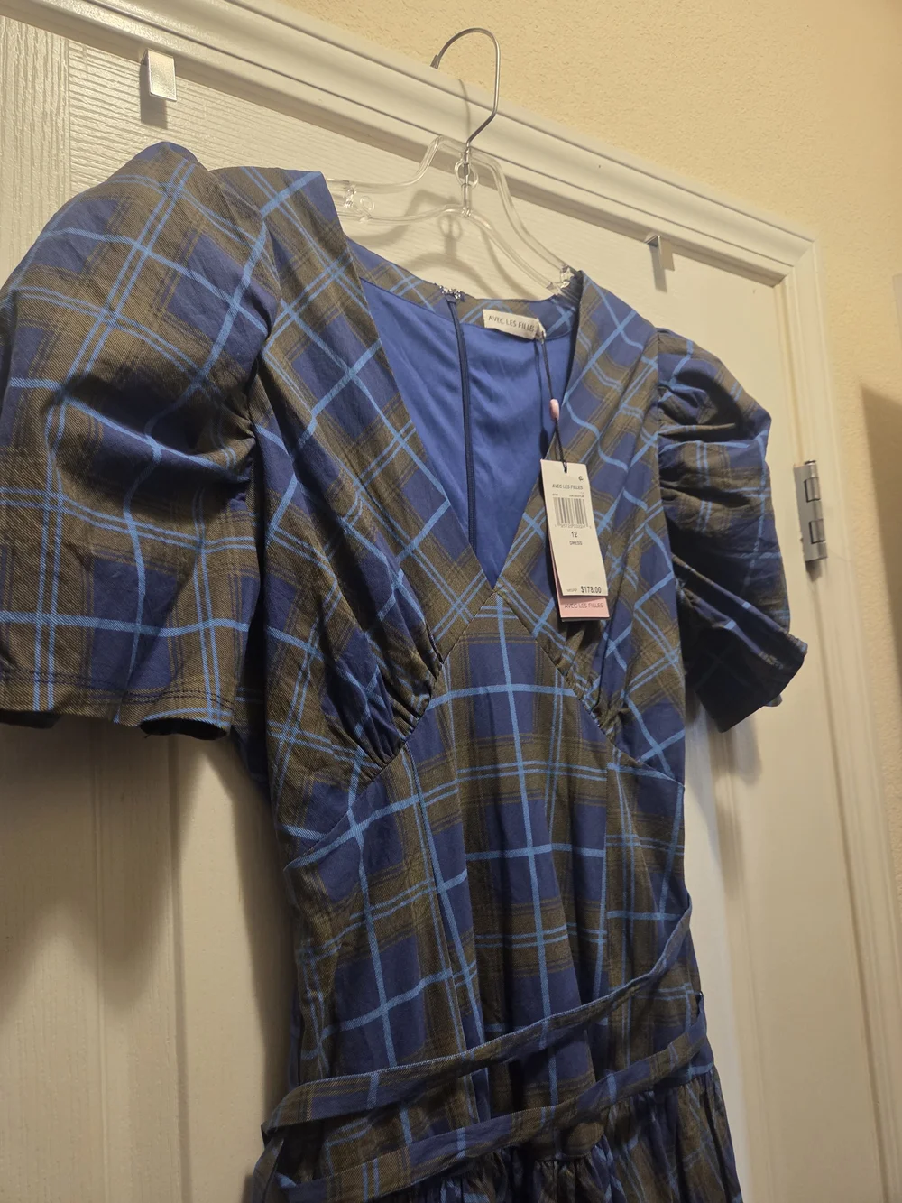 NWT Avec Les Filles Plaid Puff Sleeve Tie Belt Midi Dress - Size 12